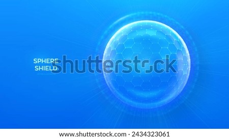 Glass transparent protection sphere shield. Sphere shield with hexagon pattern on blue background. Bubble shield in the form of a force energy field. Protection and safety concept. Vector illustration