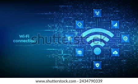 Wi-Fi network icon. Wi Fi sign made with binary code. Wlan access, wireless hotspot signal. Mobile connection zone. Data transfer icons connections. Mobile transmission. Vector illustration.
