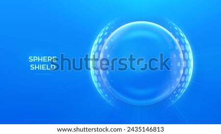 Glass transparent protection sphere shield. Sphere shield with hexagon pattern on blue background. Bubble shield in the form of a force energy field. Protection and safety concept. Vector illustration