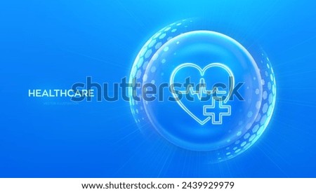 Healthcare. Health insurance. Heart with cross icon inside transparent protection sphere shield with hexagon pattern on blue background. Health Care and Medical services concept. Vector illustration.