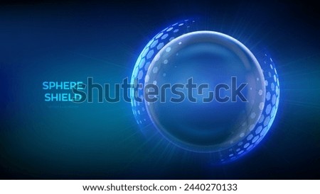 Glass transparent protection sphere shield. Sphere shield with hexagon pattern on blue background. Bubble shield in the form of a force energy field. Protection and safety concept. Vector illustration