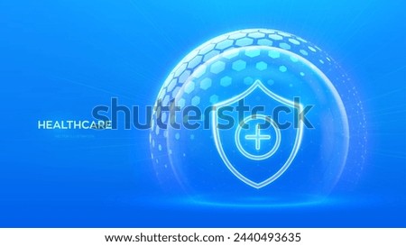 Healthcare. Health insurance. Protection shield cross icon inside transparent dome sphere with hexagon pattern on blue background. Health Care and Medical services concept. Vector illustration.