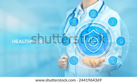 Healthcare, Medical services, life insurance concept. Doctor holding in hand protection shield with medical cross sign. Virus protection. Health care, Medicine, family insurance. Vector illustration.