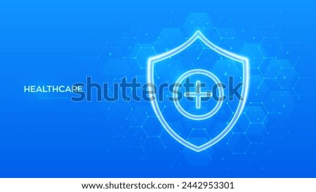 Protection shield with medical cross sign. Healthcare, Medical services. Life insurance symbol. Virus protection. Health care, Medicine. Blue medical background with hexagons. Vector illustration.