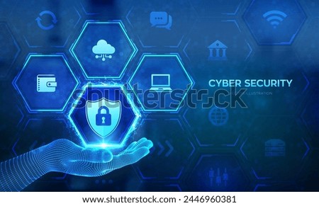 Cyber Security. Data protection technology concept on virtual screen. Shield protect icon in wireframe hand. Internet privacy safety. Antivirus interface. Vector illustration.