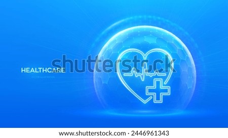 Healthcare. Health insurance. Heart with cross icon inside transparent protection dome sphere shield with hexagon pattern on blue background. Health Care Medical services concept. Vector illustration.