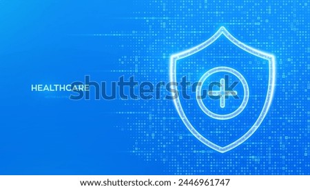 Protection shield with medical cross sign. Healthcare, Medical services. Life insurance symbol. Virus protection. Blue medical background made with cross shape symbol. Vector illustration.