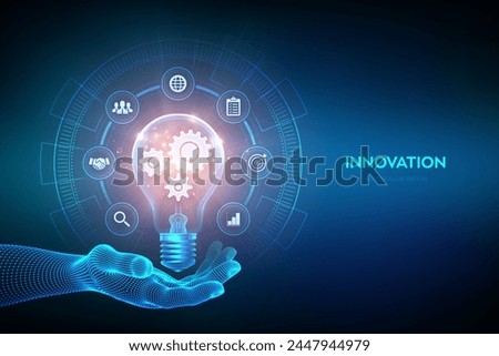 Innovation. Business innovative idea and solution concept. Creative Idea, inspiration. Brainstorming. Creativity. Light bulb with gears cogs inside in hand. Creative Thinking. Vector illustration.