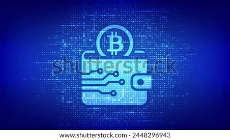 Crypto Wallet icon with Bitcoin made with binary code. Digital Cryptocurrency wallet. Mobile banking, online finance, blockchain banner. Binary code background with digits 1.0. Vector Illustration.