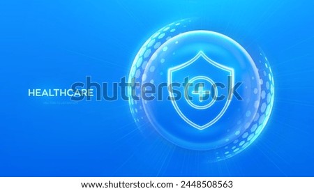 Healthcare. Health insurance. Protection shield cross icon inside transparent sphere shield with hexagon pattern on blue background. Health Care and Medical services concept. Vector illustration.