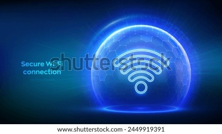 Wi-Fi network icon inside transparent protection sphere shield with hexagon pattern on blue background. Secure Wi Fi wireless network connection. Cyber Security. Wifi Encryption. Vector illustration.