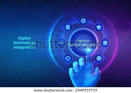 Digital transformation. Digitization of business processes modern technology concept on virtual screen. Disruption, innovation solutions. Hand touching digital interface. Vector illustration