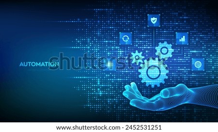 Automation Software. Gears icon made with binary code in hand. IOT and Automation icons connections. Digital binary data and streaming digital code. Background with digits 1.0. Vector Illustration.