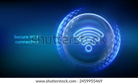 Wi-Fi network icon inside transparent protection sphere shield with hexagon pattern on blue background. Secure Wi Fi wireless network connection. Cyber Security. Wifi Encryption. Vector illustration.