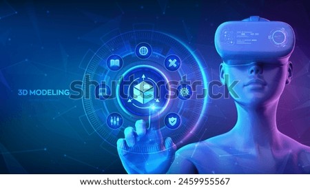 3d modelling. 3D software. Engineering process, modern IT technology. Three dimensional project. Girl wearing VR headset glasses touching digital interface with 3D software icon. Vector illustration.