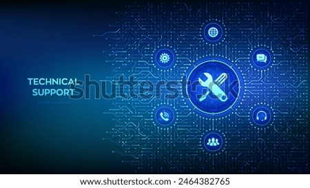 Technical support. Customer help. Online tech support. Customer service, Business and technology concept. Background with circuit board connections and tech icons. Vector Illustration.