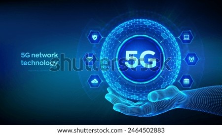 5G network wireless systems, internet of things technology concept in the shape of sphere with hexagon grid pattern in wireframe hand. 5G wireless mobile internet wifi connection. Vector Illustration.