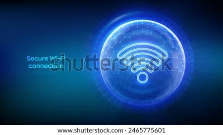 Wi-Fi network icon inside transparent protection sphere shield with hexagon pattern on blue background. Secure Wi Fi wireless network connection. Cyber Security. Wifi Encryption. Vector illustration.