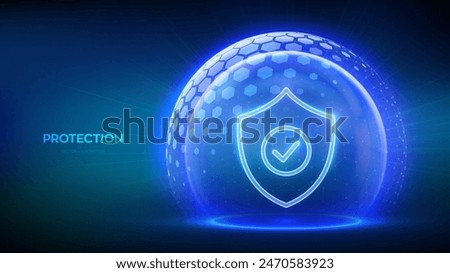 Protection. Cyber security. Network safety. Healthcare. Insurance. Protection shield with Check mark icon inside transparent sphere shield with hexagon pattern on blue background. Vector illustration.