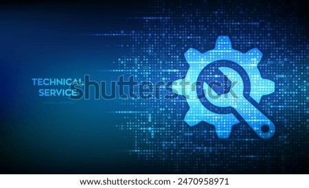 Technical service. Wrench and gear icon made with binary code. Technical assistance. Customer help. Online tech support. Repair service. Digital code background with digits 1.0. Vector Illustration.