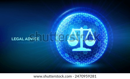 Labor law, Lawyer, Attorney at law, Legal advice concept. Justice icon inside protection sphere shield with hexagon pattern. Internet law as digital online legal services. Vector Illustration.