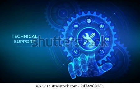 Technical support. Customer help. Tech support. Customer service, Business and technology concept. Wireframe hand touching digital interface with connected gears cogs and icons. Vector illustration.