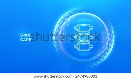 Spine care and protection. Healthy Spine medical concept. Human Spine anatomy organ icon inside protection sphere shield with hexagon pattern on blue background. Vector illustration.