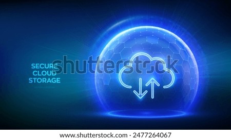 Secure Cloud Storage. Cloud icon inside transparent protection sphere shield with hexagon pattern on blue background. Cloud computing. Database storage, Data center protection. Vector illustration.