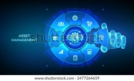 Asset management. Business investment banking payment technology concept on virutal screen. Wireframe hand places an element into a composition visualizing Asset management. Vector illustration.