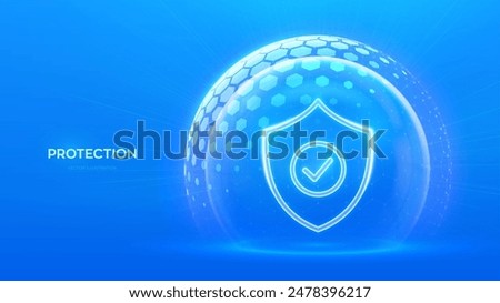 Protection. Healthcare. Insurance. Cyber security. Network safety. Protection shield with Check mark icon inside transparent sphere shield with hexagon pattern on blue background. Vector illustration.