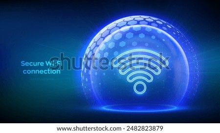 Wi-Fi network icon inside transparent protection sphere shield with hexagon pattern on blue background. Secure Wi Fi wireless network connection. Cyber Security. Wifi Encryption. Vector illustration.