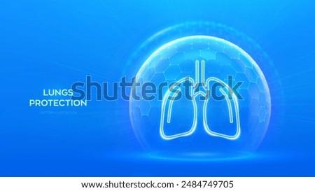 Lungs care and protection. Healthy lungs medical concept. Human respiratory system anatomy lungs organ icon inside protection sphere shield with hexagon pattern on blue background. Vector illustration