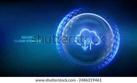 Secure Cloud Storage. Cloud icon inside transparent protection sphere shield with hexagon pattern on blue background. Cloud computing. Database storage, Data center protection. Vector illustration.