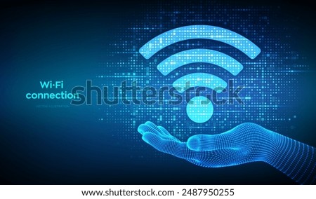 Wi-Fi network icon. Wi Fi sign made with binary code in hand. Wlan access, wireless hotspot signal symbol. Mobile connection zone. Data transfer. Router or mobile transmission. Vector illustration.