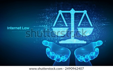 Internet law icon made with binary code in hands. Cyberlaw as digital legal services or online lawyer advice concept. Labor law, Lawyer, Attorney at law. Streaming digital code. Vector illustration.