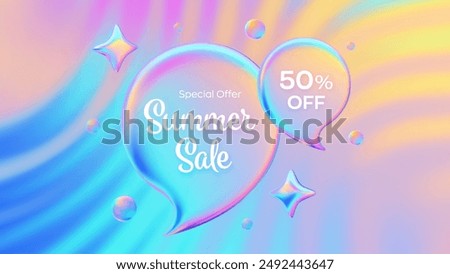 Summer sale banner. Discount percent. Mega sale special offer poster. Colorful iridescent 3d speech bubbles tags. Bright sunset, sunrise sky colors. Blue, purple, orange, yellow. Vector illustration.