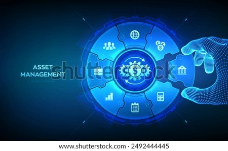 Asset management. Business investment banking payment technology concept on virutal screen. Wireframe hand places an element into a composition visualizing Asset management. Vector illustration.