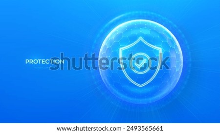 Protection. Healthcare. Insurance. Cyber security. Network safety. Protection shield with Check mark icon inside transparent sphere shield with hexagon pattern on blue background. Vector illustration.