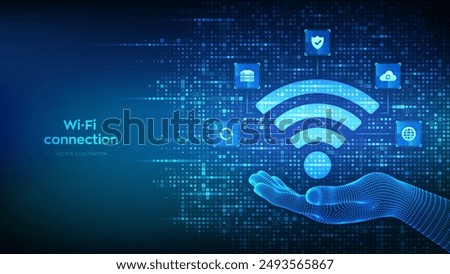 Wi-Fi network icon. Wi Fi sign made with binary code in hand. Wlan access, wireless hotspot signal. Mobile connection zone. Data transfer icons connections. Mobile transmission. Vector illustration.