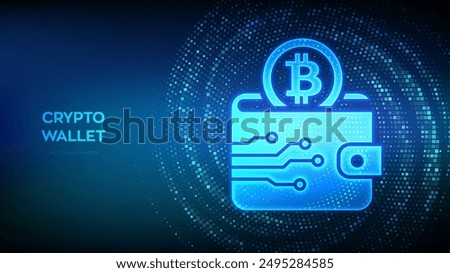 Crypto Wallet icon with Bitcoin made with binary code. Digital Cryptocurrency wallet. Mobile banking, online finance, blockchain banner. Binary code background with digits 1.0. Vector Illustration.