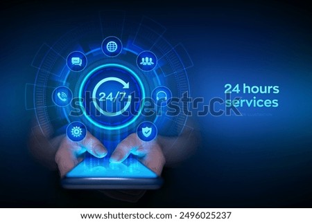 24 hours servises. 24-7 support. Technical support. Customer help. Tech support. Customer service, Business and technology concept. Smartphone in hands. Using smartphone. Vector illustration.