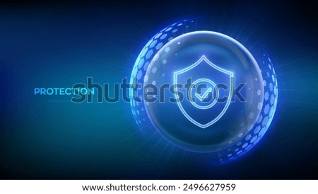 Protection. Cyber security. Network safety. Healthcare. Insurance. Protection shield with Check mark icon inside transparent sphere shield with hexagon pattern on blue background. Vector illustration.