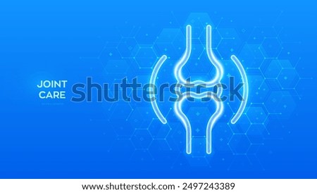 Joint icon. Joint health. Joint pain, inflammation, damage, arthritis treatment. Physiotherapy, Diagnostics concept. Molecular structure. Blue medical background with hexagons. Vector illustration.