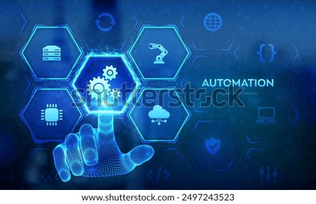 Automation Software. IOT and Automation concept as an innovation, improving productivity in technology and business processes. Wireframe hand touching digital interface. Vector illustration.