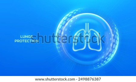 Lungs care and protection. Healthy lungs medical concept. Human respiratory system anatomy lungs organ icon inside protection sphere shield with hexagon pattern on blue background. Vector illustration