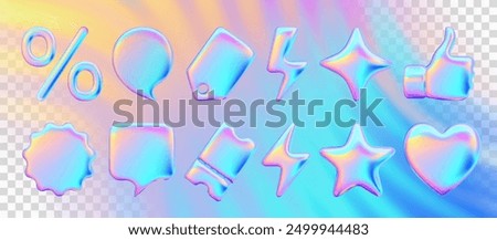 Set Realistic 3d objects for advertising and promotion. Holographic iridescent elements for design of sales and discounts. Percentage symbol. Price tag, coupon, lightning, star. Vector illustration.