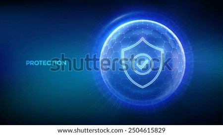 Protection. Healthcare. Insurance. Cyber security. Network safety. Protection shield with Check mark icon inside transparent sphere shield with hexagon pattern on blue background. Vector illustration.