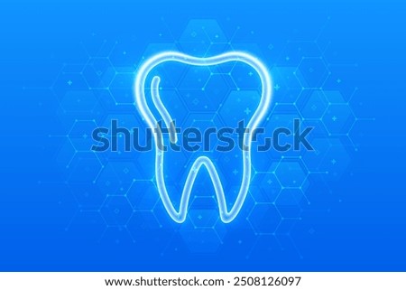 Tooth icon. Dental care, taking care of teeth. Dental servises. Dentistry, Orthodontic concept. Dental insurance. Molecular structure. Blue medical background with hexagons. Vector illustration.