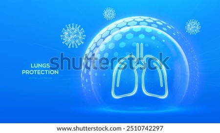 Lungs care. Virus protection. Antiviral protection of the lungs. Human respiratory system anatomy lungs organ icon inside protection sphere shield with hexagon pattern. Virus cell. Vector illustration