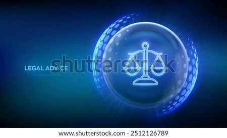 Labor law, Lawyer, Attorney at law, Legal advice. Justice icon inside transparent protection sphere shield with hexagon pattern. Internet law as digital online legal services. Vector Illustration.